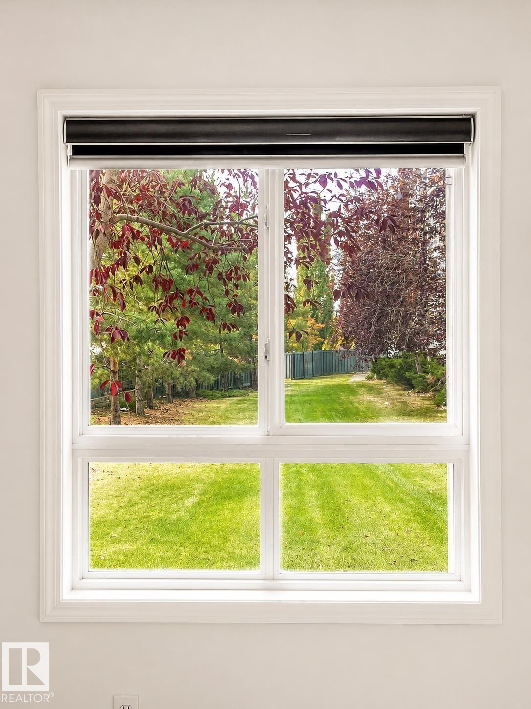 White framed window with a dark roller shade, offering a perspective of a grassy yard and mature trees - #115 5340 199 St Nw, Edmonton, AB - Indoor Photo Showing Other Room
