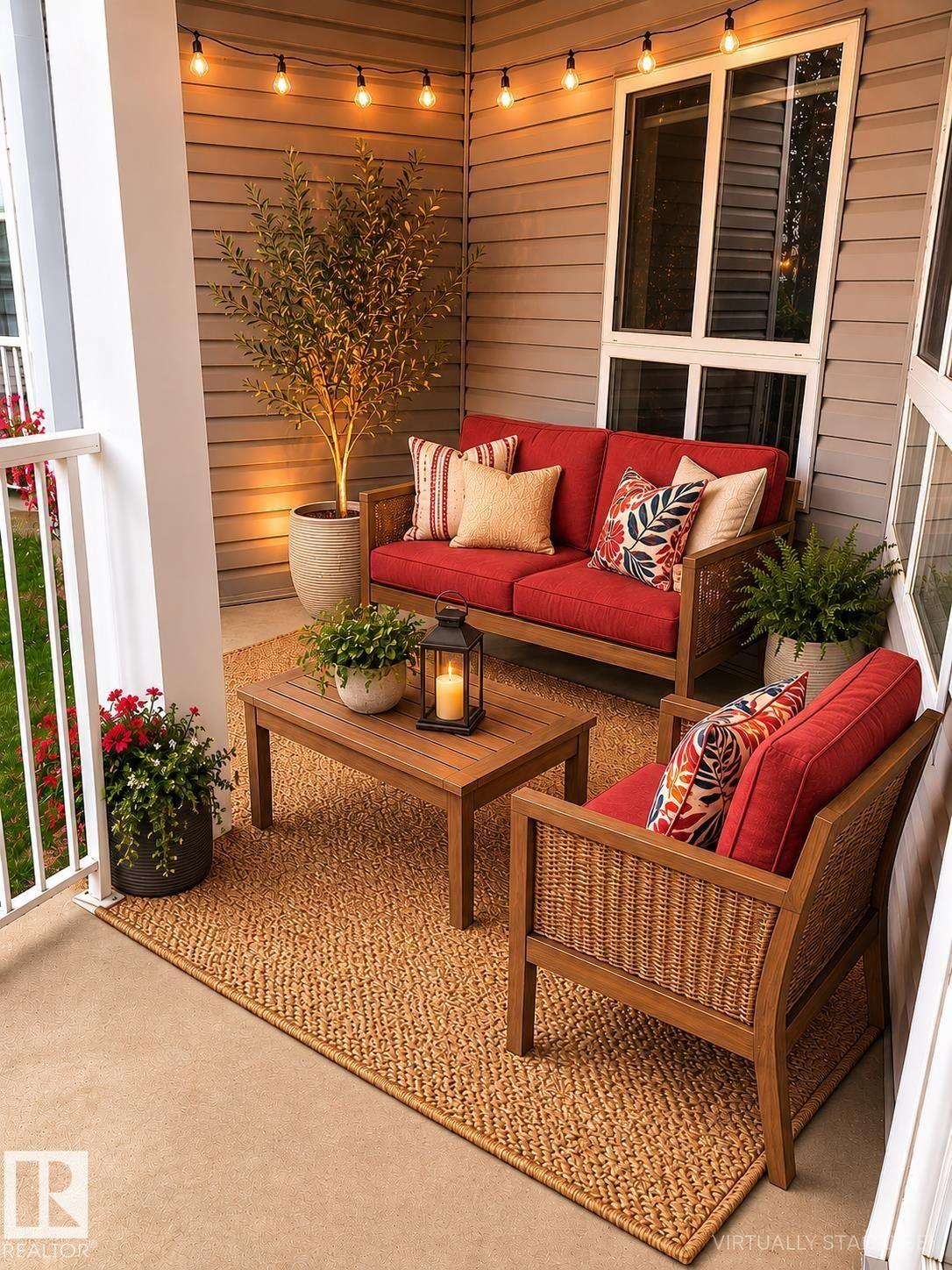 Inviting outdoor porch featuring plank siding and string lighting - #115 5340 199 St Nw, Edmonton, AB - Outdoor With Deck Patio Veranda With Exterior